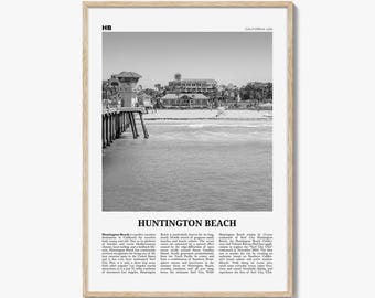 Pôster de Huntington Beach em preto e branco, foto do píer de Huntington Beach, arte de parede de viagem na Califórnia, Surf City USA