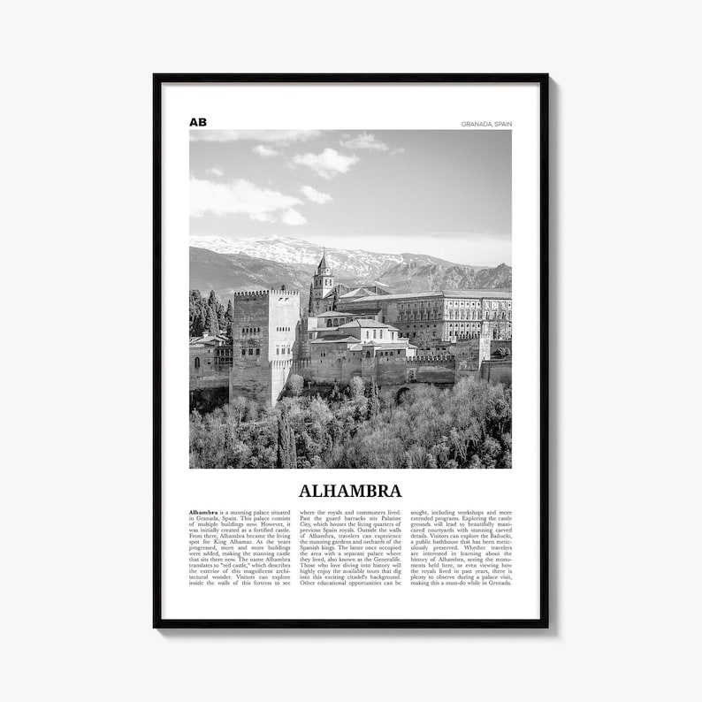 Alhambra Poster, black and white photo print in a black wood frame