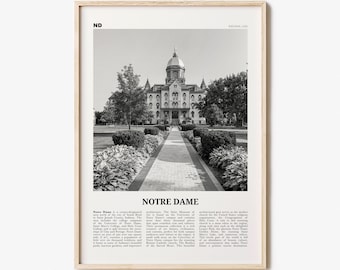 Notre Dame Print Black and White, Notre Dame Wall Art, Notre Dame Poster, Notre Dame Photo, Notre Dame Map, Indiana, United States