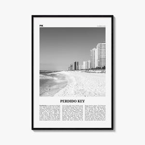 May include: A black and white framed wall art print featuring a coastal landscape of Perdido Key, Florida. The image shows a sandy beach, ocean waves, and high-rise buildings. The text includes PK, FLORIDA, USA, and a descriptive paragraph.