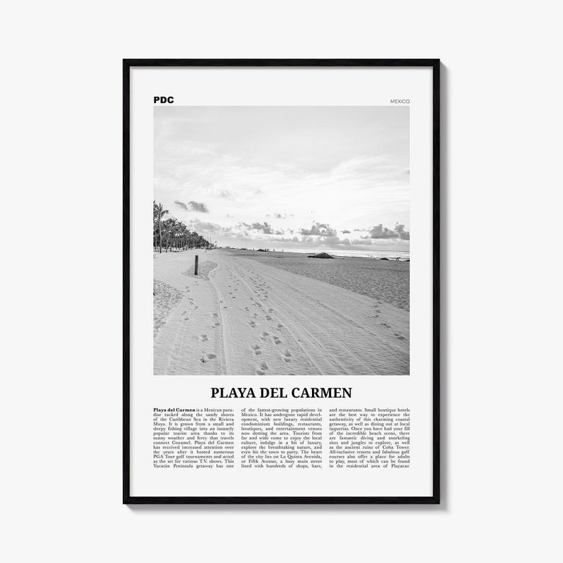 Playa del Carmen Poster, Black and White Photo Print, Travel Newspaper Wall Art image 1