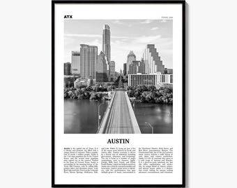 Austin Poster, Black and White Photo Print, Travel Newspaper Wall Art, Home Decor