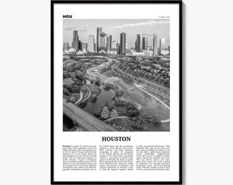 Houston Poster, Black and White Skyline Photo Print, Travel Newspaper Wall Art