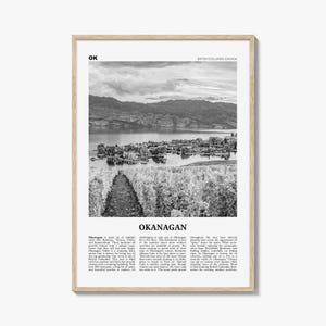 オカナガンの白黒ポスタープリント、ブリティッシュコロンビアの旅行用ウォールアート、ヴィンヤード湖の景色