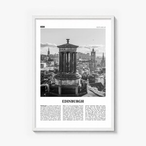 Edinburgh Poster, black and white monument photo print in a white wood frame
