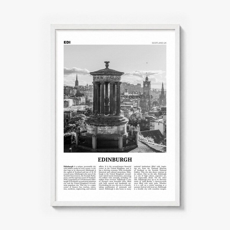 Edinburgh Poster, black and white monument photo print in a white wood frame