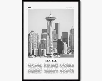 May include: A black and white framed wall art print featuring the Seattle skyline and the Space Needle. The text SEA and SEATTLE appear in bold, accompanied by a descriptive paragraph about the city of Seattle, Washington, USA.