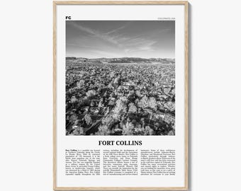 Fort Collins Poster Print Black and White, Colorado Travel Wall Art, FC USA Decor