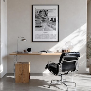 Arizona Poster, Black and White Desert Photo Print, Travel Newspaper Wall Art Premium Black Wood Frame