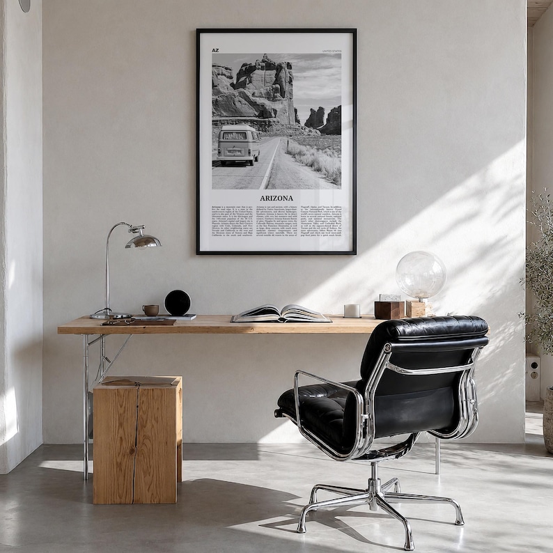 Arizona Poster, Black and White Desert Photo Print, Travel Newspaper Wall Art Premium Black Wood Frame