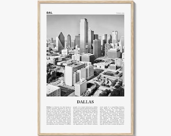 Póster de Dallas en blanco y negro, arte mural de viajes por Texas, fotografía del horizonte de Dallas