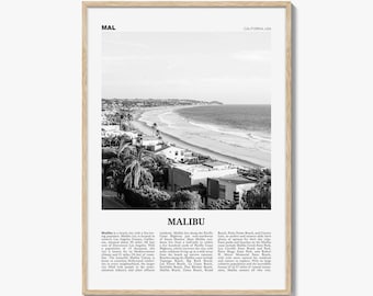 Malibu poster print zwart-wit, Californië reizen kunst aan de muur, Los Angeles kustfotografie