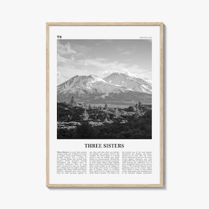 Póster de "Las Tres Hermanas" en blanco y negro, fotografía de Oregón, arte mural de viaje.