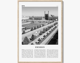 Póster de Isfahán en blanco y negro, fotografía de la plaza Naghsh-e Jahan, arte mural iraní.