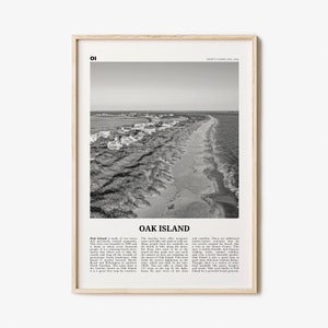 Oak Island Print Black and White, Oak Island Wall Art, Oak Island Poster, Oak Island Photo, Oak Island Map, North Carolina, USA