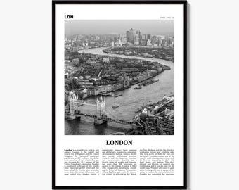 London Poster, Black and White Skyline Photo Print, Travel Newspaper Wall Art