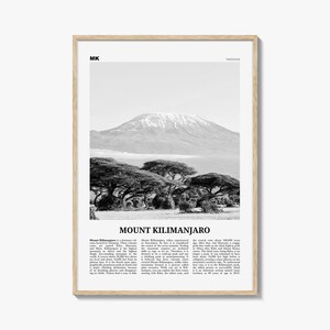 Impression noir et blanc du mont Kilimandjaro, art mural mont Kilimandjaro, affiche du mont Kilimandjaro, photo du mont Kilimandjaro, Tanzanie