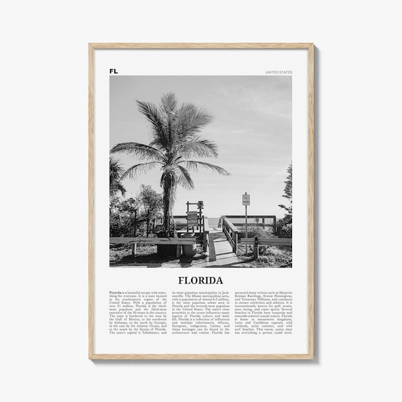 Florida Poster Print Black and White, United States Travel Wall Art, Beach Photography Decor