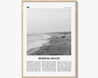 Hermosa Beach poster print zwart-wit, Californië reizen muurkunst, Los Angeles kust decor