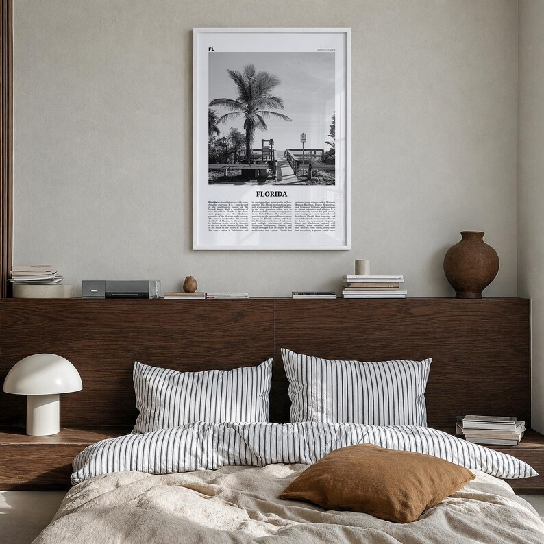 Florida Poster, Black and White Photo Print, Travel Newspaper Wall Art, Home Decor Premium White Wood Frame