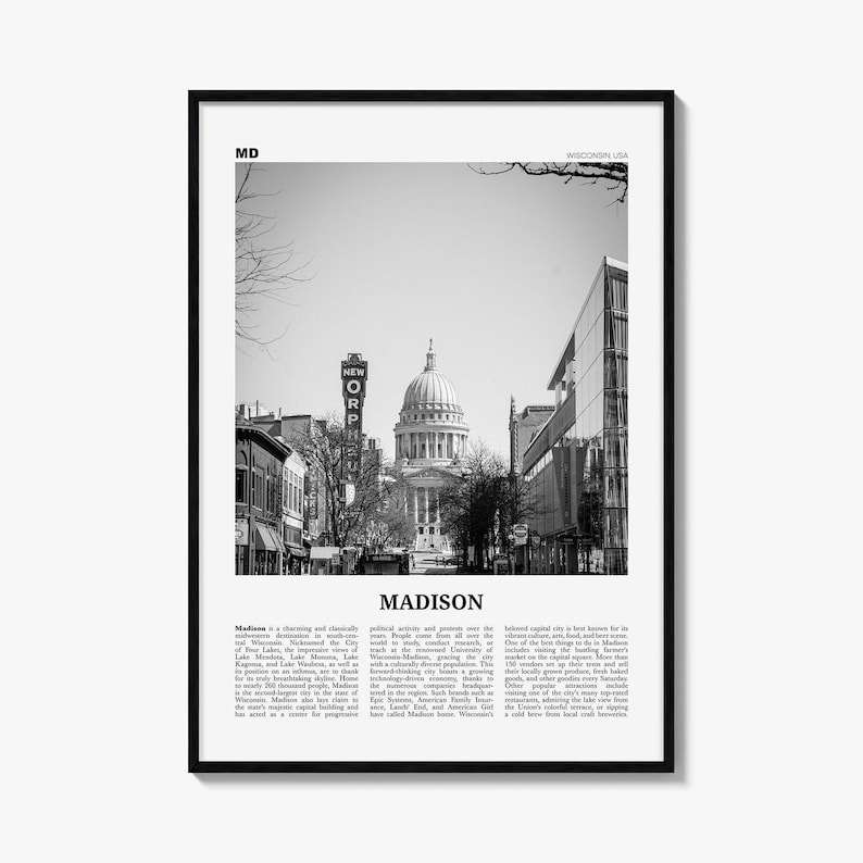 Madison Poster, Black and White Photo Print, Travel Newspaper Wall Art, Home Decor image 1
