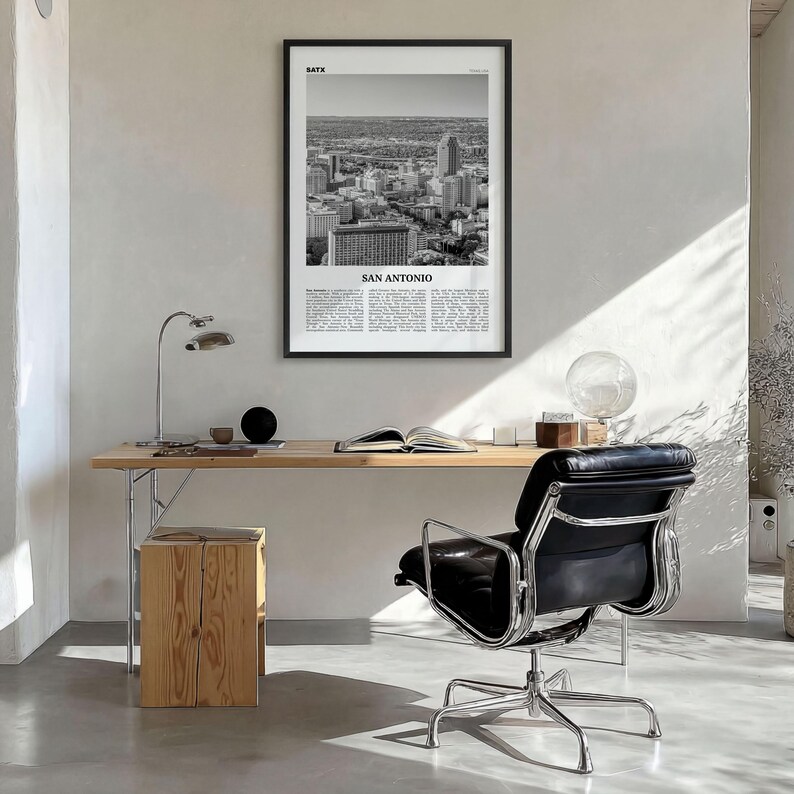 Póster de San Antonio en blanco y negro, arte mural turístico de Texas, fotografía del horizonte de SATX imagen 3