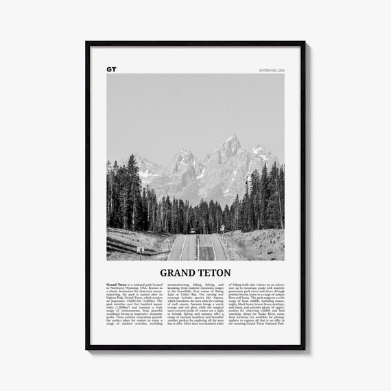 Grand Teton National Park Poster, Black and White Photo Print, Travel Newspaper Wall Art