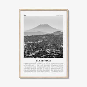 Póster de El Salvador en blanco y negro, foto de un volcán, arte mural de viaje por Centroamérica