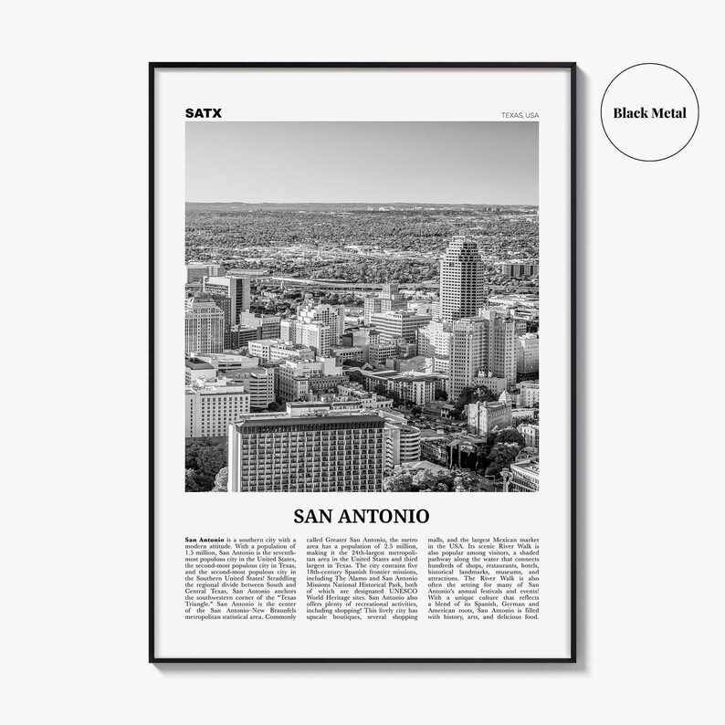Póster de San Antonio en blanco y negro, arte mural turístico de Texas, fotografía del horizonte de SATX imagen 9