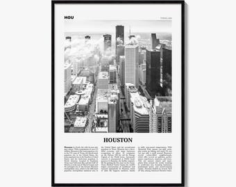 May include: A black and white framed wall art print featuring an aerial cityscape of Houston, Texas. The top left corner displays the text HOU and the top right displays TEXAS USA. The bottom center features the word HOUSTON in bold text.