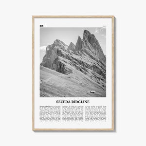 Póster de Seceda en blanco y negro, foto de los Dolomitas, arte mural de viaje por Italia, decoración natural