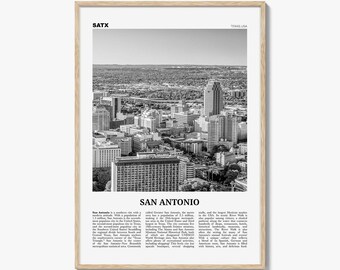 Póster de San Antonio en blanco y negro, arte mural turístico de Texas, fotografía del horizonte de SATX
