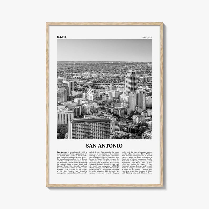 Póster de San Antonio en blanco y negro, arte mural turístico de Texas, fotografía del horizonte de SATX imagen 1