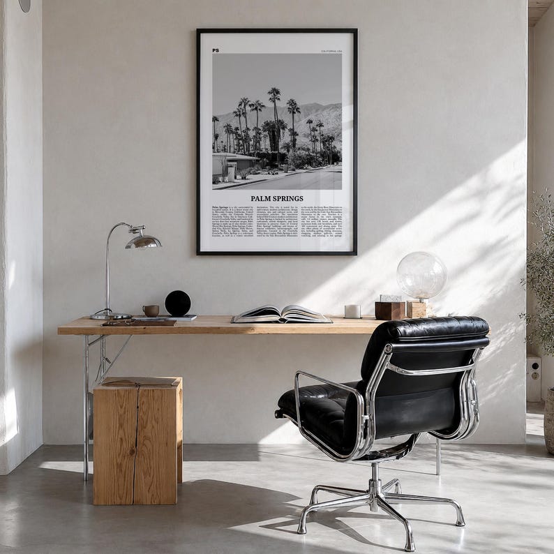Palm Springs Poster, Black and White Photo Print, Travel Newspaper Wall Art, Home Decor Premium Black Wood Frame