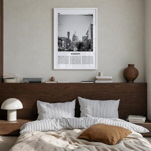 Madison Poster, Black and White Photo Print, Travel Newspaper Wall Art, Home Decor Premium White Wood Frame