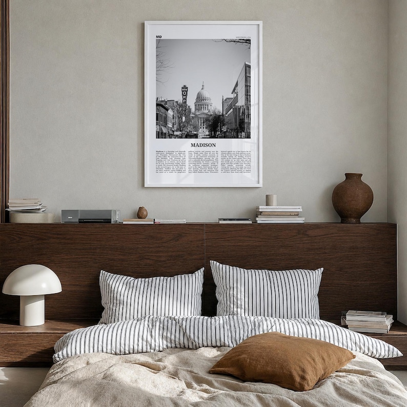 Madison Poster, Black and White Photo Print, Travel Newspaper Wall Art, Home Decor Premium White Wood Frame