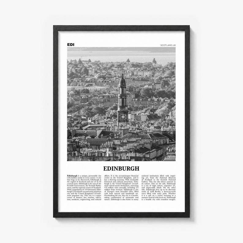 Edinburgh Poster, black and white photo print in a black wood frame