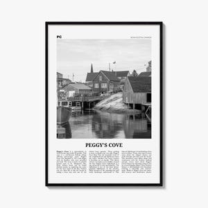 Può includere: Una stampa artistica da parete incorniciata in bianco e nero con una fotografia di Peggy's Cove in Nuova Scozia, Canada. L'immagine mostra edifici in legno, una barca e un terreno roccioso vicino all'acqua. Il testo include il titolo Peggy's Cove.