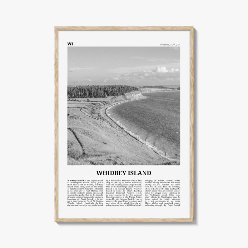 Whidbey Island Poster Print Black and White, Washington Travel Wall Art, Pacific Northwest Decor image 1