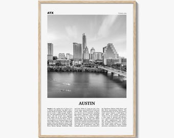Póster de Austin en blanco y negro, arte mural turístico de Texas, fotografía del horizonte de Austin