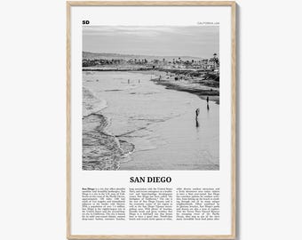 Póster de San Diego en blanco y negro, arte mural de California, decoración costera