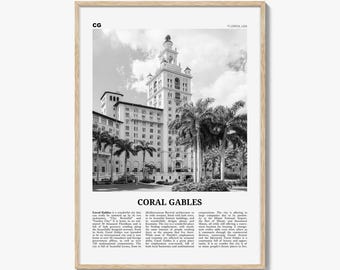 Póster de Coral Gables en blanco y negro, foto del Hotel Biltmore, arte mural de Florida