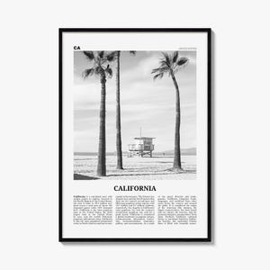 Plakat z Kalifornii, czarno-białe zdjęcie plaży, sztuka ścienna z gazety podróżniczej