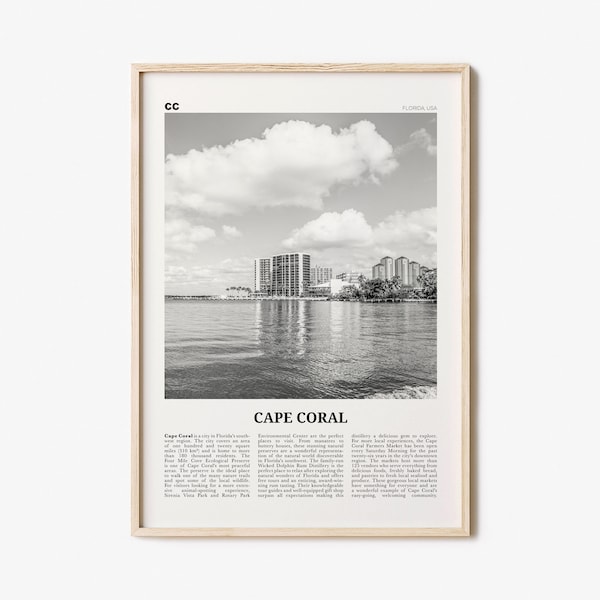 Cape Coral Print Black and White, Cape Coral Wall Art, Cape Coral Poster, Cape Coral Photo, Cape Coral Map, Florida, USA, United States