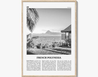 French Polynesia Poster Print Black and White, France Travel Wall Art, Tahiti Tropical Decor