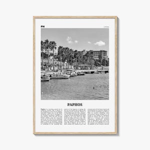 Póster de Pafos en blanco y negro, arte mural turístico de Chipre, fotografía costera de Pafos