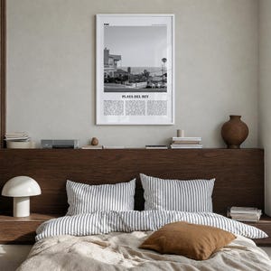 Playa del Rey Poster, Black and White Photo Print, Travel Newspaper Wall Art Premium White Wood Frame