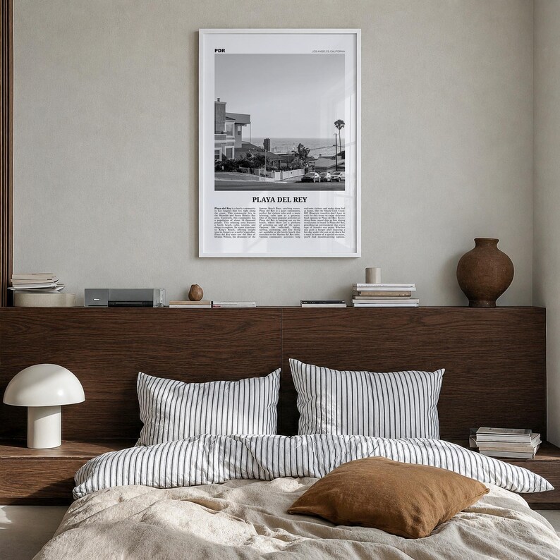 Playa del Rey Poster, Black and White Photo Print, Travel Newspaper Wall Art Premium White Wood Frame