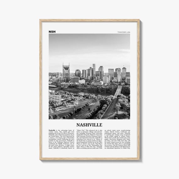 Nashville Poster Print Black and White, Tennessee Travel Wall Art, Music City Skyline