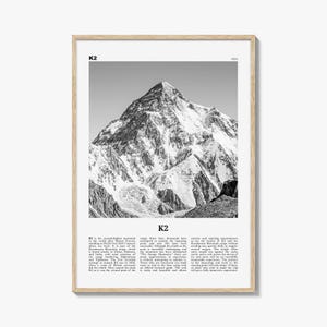 K2ポスタープリント（白黒）、パキスタン旅行の壁アート、カラコルム山脈の自然写真